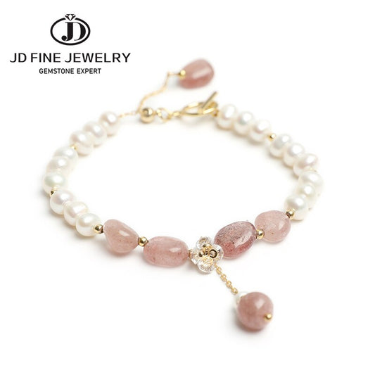 JD Natural Freshwater Pearls Pink Strawberry Quartz Bracelet Women Flower Zircon Crystal Charm Wristband Female Summer Jewelry