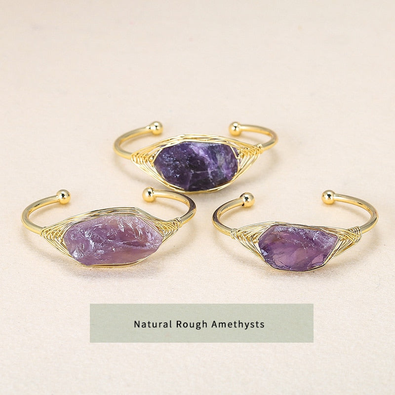 JD Natural Crystal Raw Stone Pink Quartz Fluorite Open Cuff Bracelet Women Gold Color Wire Wrap Bangles Healing Jewelry Gifts