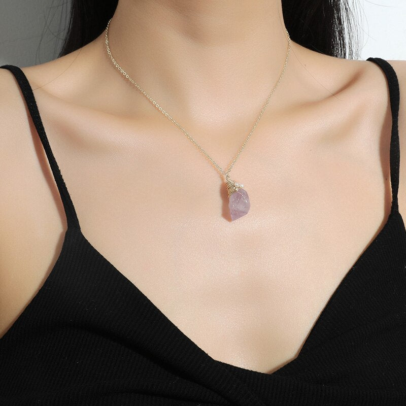 JD Natural Stone Amethyst Crystal Pendant Necklace Brazil Druzy Irregular Shape Lavender Semi-precious Handmade Jewelry Necklace
