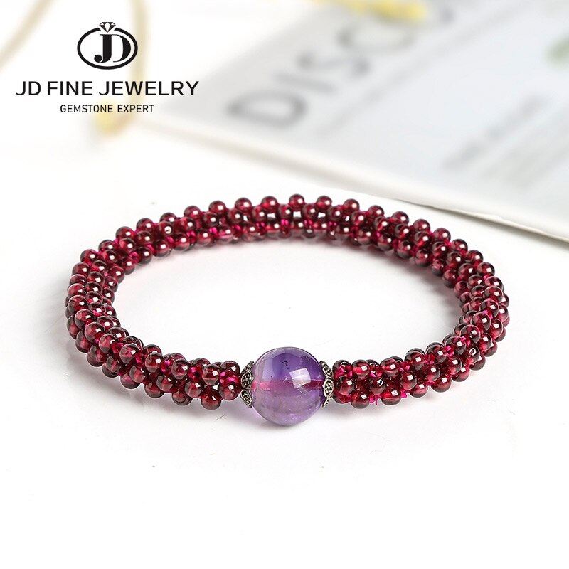 JD 3mm Natural Stone Red Garnet Beaded Bracelet Women Elegant Amethyst Red Agate Rope Braid Lucky Bangles Yoga Energy Wrist Gift