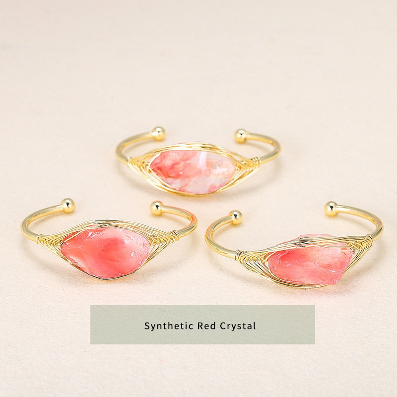 JD Natural Crystal Raw Stone Pink Quartz Fluorite Open Cuff Bracelet Women Gold Color Wire Wrap Bangles Healing Jewelry Gifts