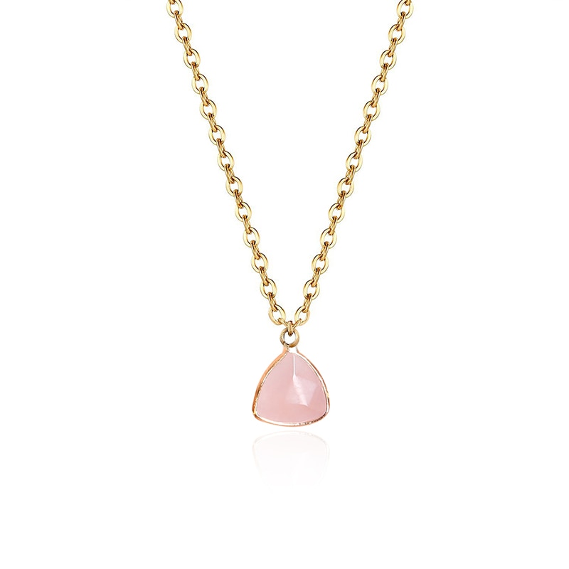 JD Natural Stone Pink Quartz Amethyst Triangle Faceted Pendant Necklace Women Simple Gold Color Stainless Steel Chain Choker