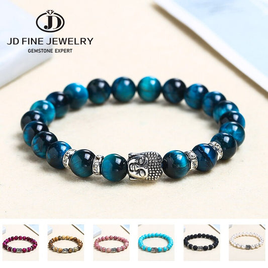 JD Buddha Head Tiger Eye Beaded Bracelet Men Women 8mm Natural Stone Chakra Yoga Prayer Bangles Vintage Elastic Charm Jewelry