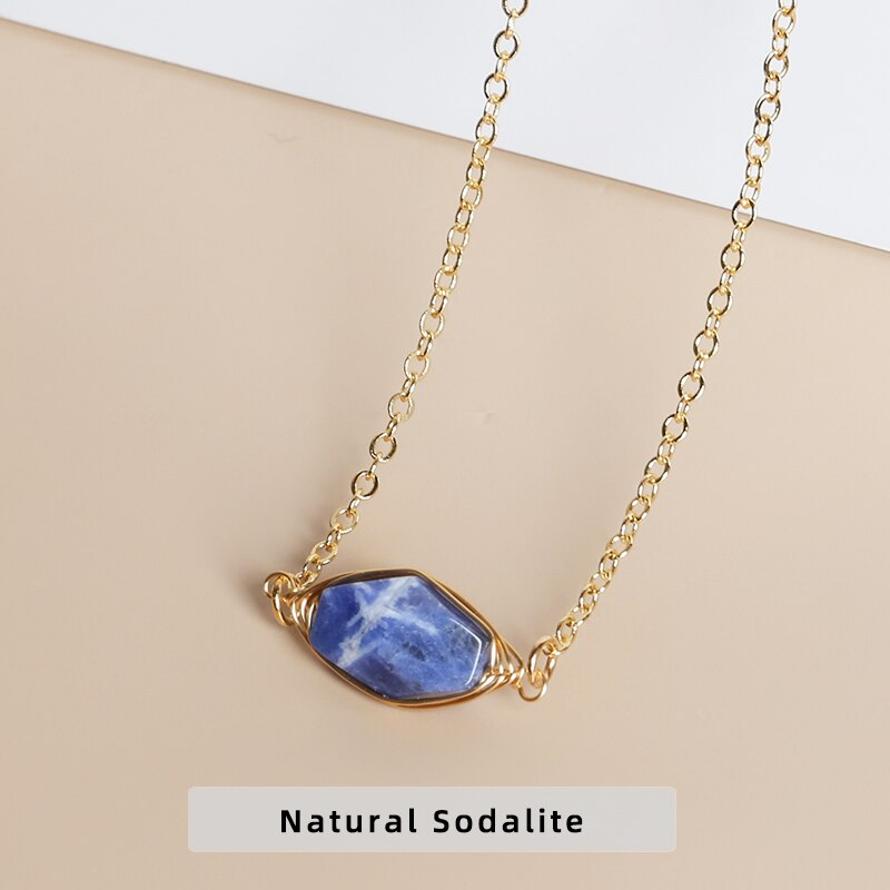 JD Natural Stone Faceted Rock Quartz Copper Wire Circle Pendant Necklace Women Reiki Healing Crystal Sodalite Chakra Jewelry