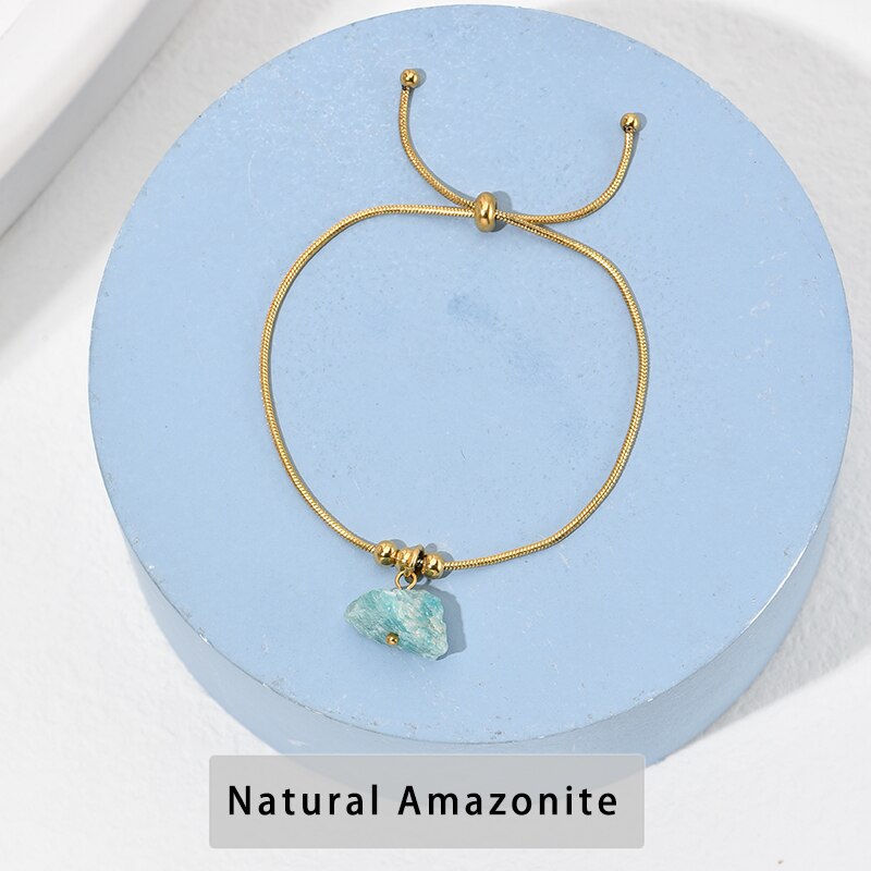 CHANGE BETTER Simple Design Stainless Steel Adjustable Bracelet Women Raw Crystal Stone Pendant Snake Chain Bangles Reiki Gift