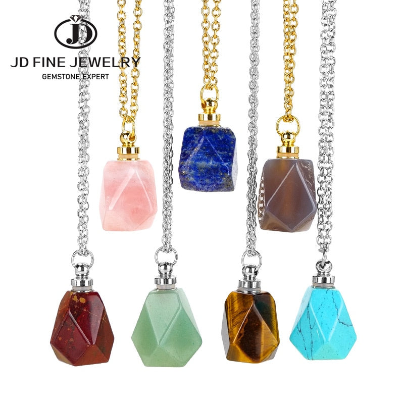 JD Natural Stone Quartz Perfume Bottle Pendants Faceted Rainbow Jasper Pink Quartz Amethyst Charm Necklace