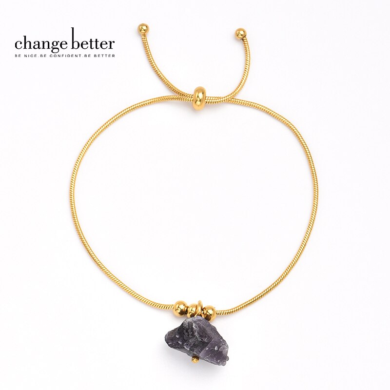 CHANGE BETTER Simple Design Stainless Steel Adjustable Bracelet Women Raw Crystal Stone Pendant Snake Chain Bangles Reiki Gift