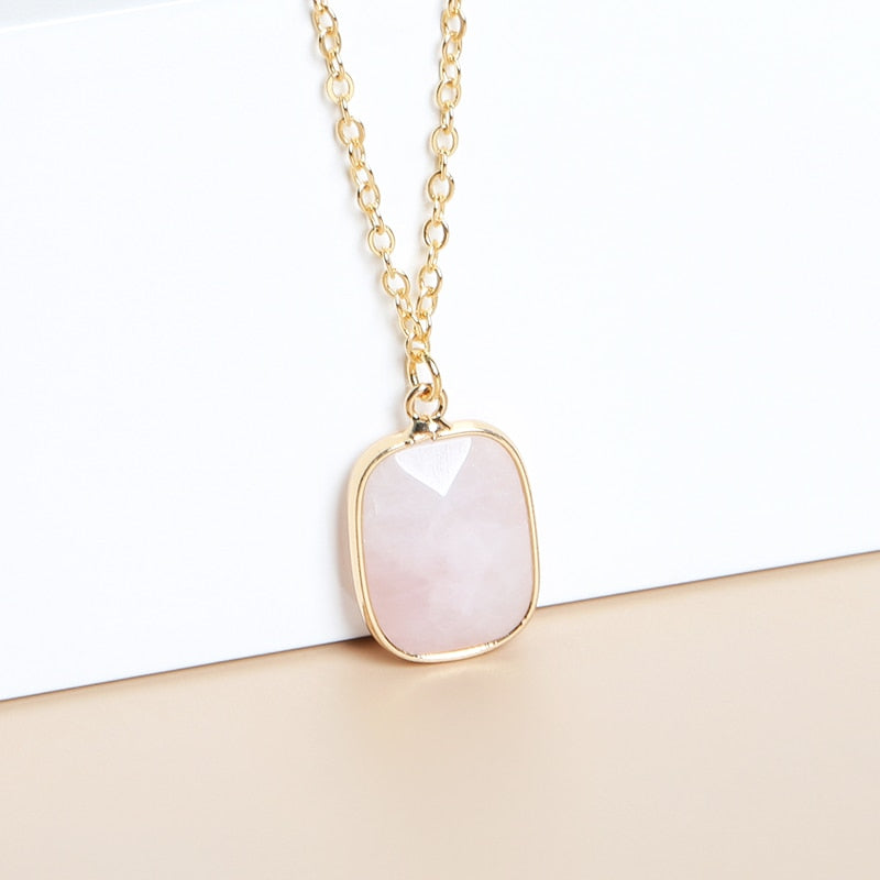 JD Natural Pink Quartz Faceted Square Shape Pendant Necklace For Women Gold Color Chain Crystal Energy Choker Grils Jewelry Gift