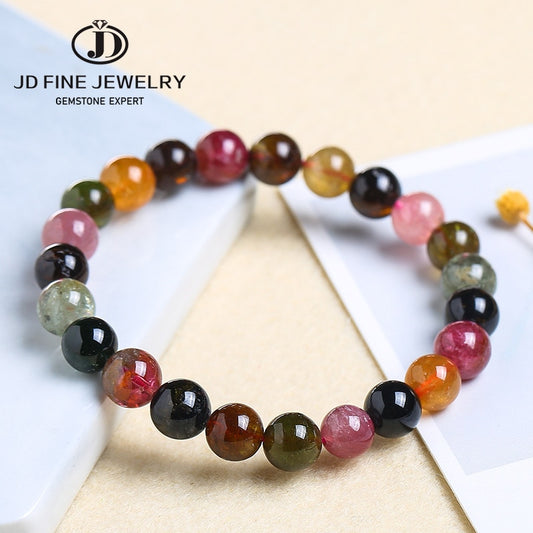 JD 7A Natural Colorful Tourmaline Bracelet Women Round Unique Natural Stone Beads Lucky Agate Bangles Carnelian Jewelry For Gift