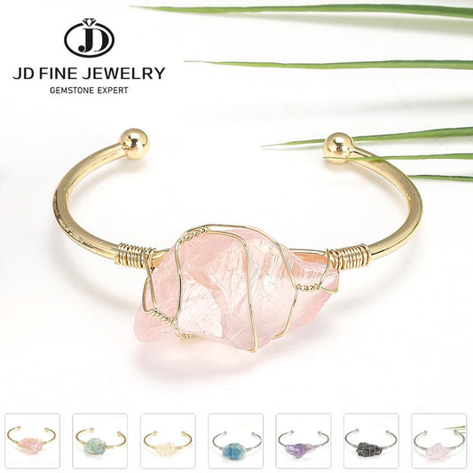 JD Natural Stone Cuff Bracelets Women Gold-color Wire Wrap Irregular Raw Crystal Quartz Bangles Fashion Stone Jewelry Gift