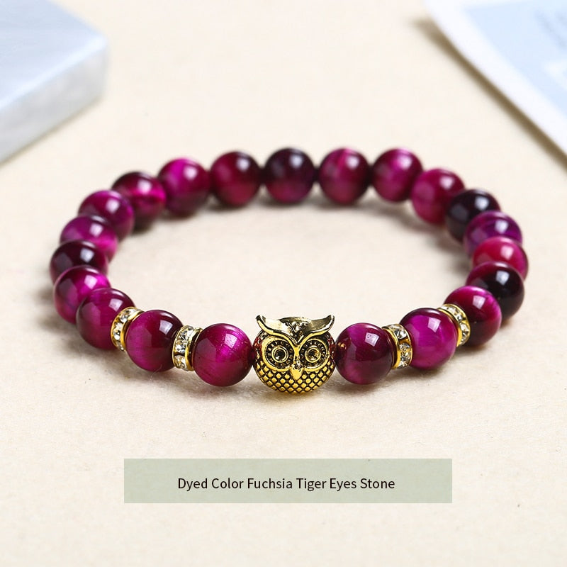 JD Natural Stone Yellow Tiger Eye Beaded Bracelet Men Women Gold Color Owl Energy Yoga Elastic Buddha Bangles Charm Jewelry Gift