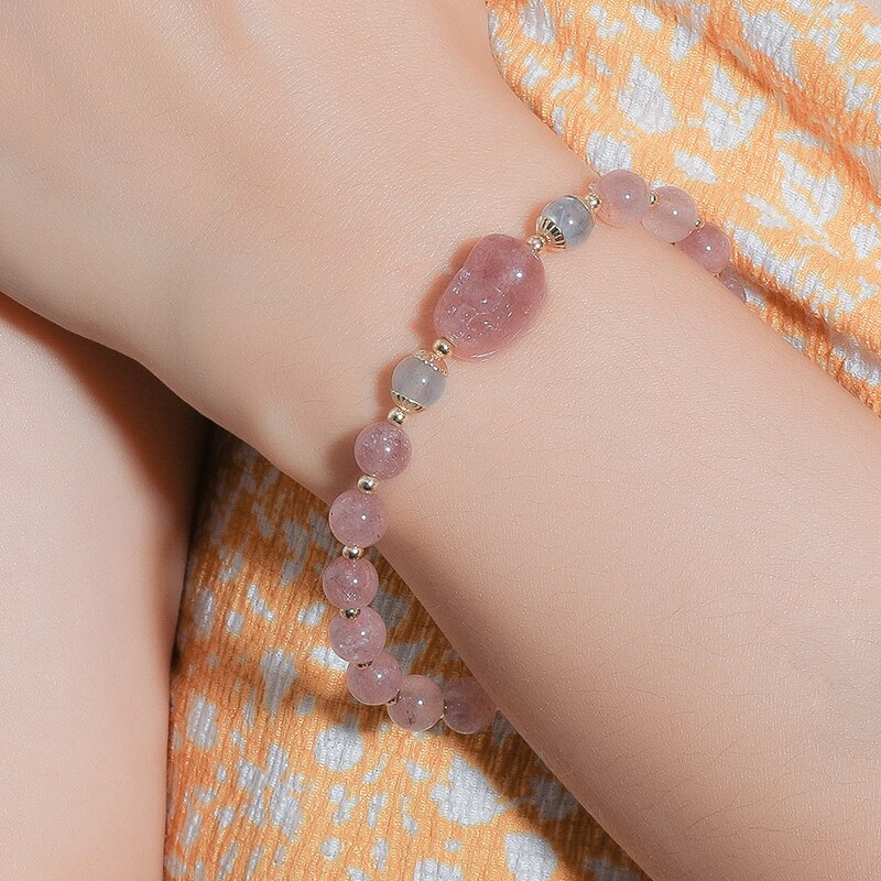 JD Romantic Natural Strawberry Quartz Gray Moonstone Tourmaline Pixiu Bracelets Women Tiny  Round Beads Lovely Strand Wristband