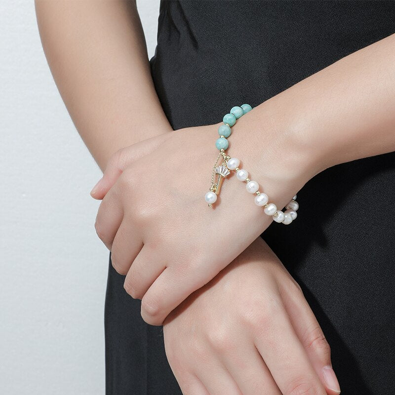 JD Half Blue Half White Bracelet Real Pearl Natural Amazonite Round Beads & Gold Color Filled Key Bracelet Temperament Jewelry