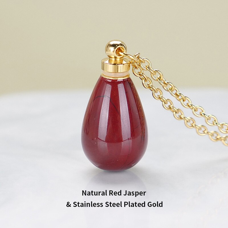 JD Natural Red Jasper Small Perfume Bottle Pendant Necklace Women Colorful Water Drop Essential Oil Bottle Charms Chain Choker