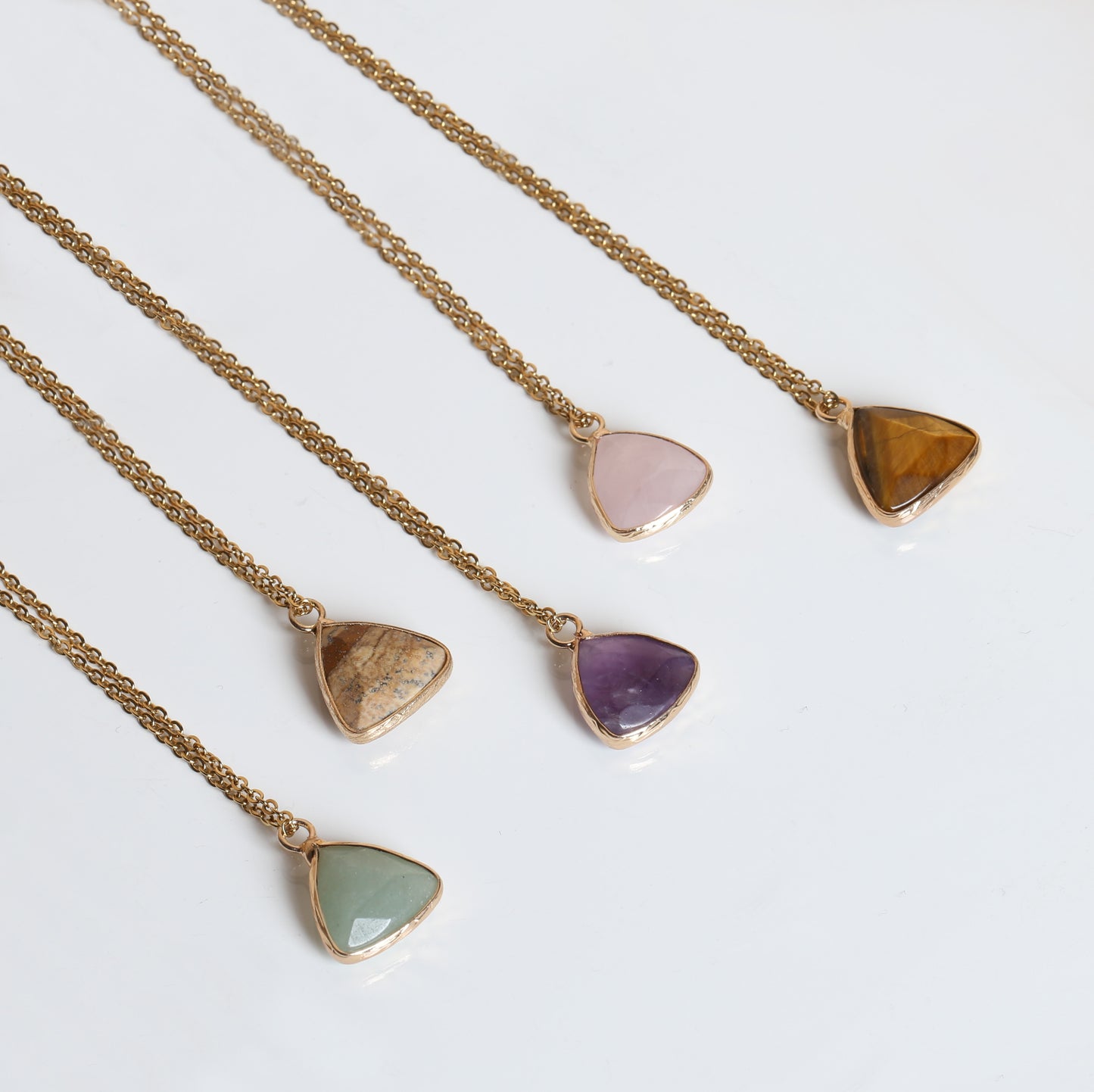 JD Natural Stone Pink Quartz Amethyst Triangle Faceted Pendant Necklace Women Simple Gold Color Stainless Steel Chain Choker