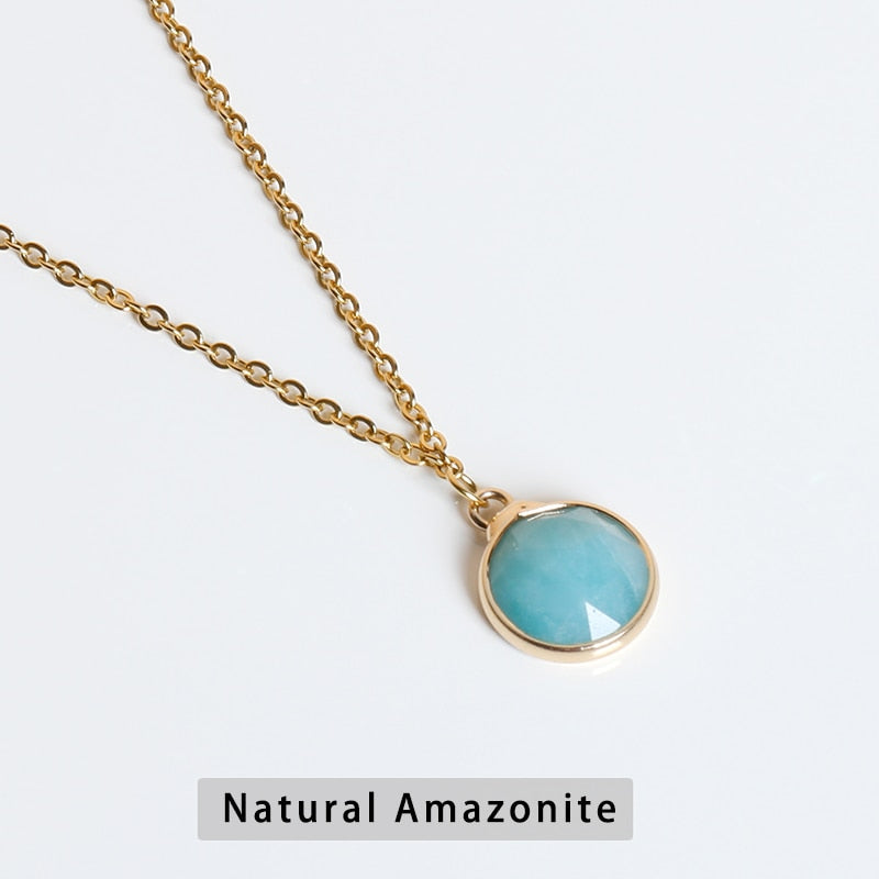 JD Natural Stone Blue Amazonite Lapis Lazuli Faceted Pendant Necklaces Women Simple Gold Color Stainless Steel Choker Jewelry