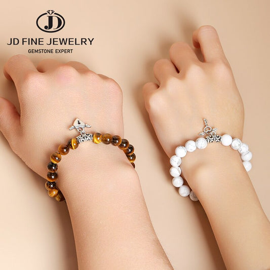 JD 2pcs/set Natural White Turquoise Yellow Tiger Eye Stone Heart Key Couple Matching Bracelets Lovers Jewelry