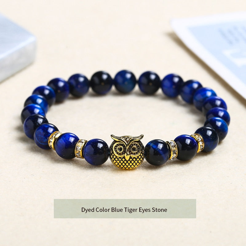 JD Natural Stone Yellow Tiger Eye Beaded Bracelet Men Women Gold Color Owl Energy Yoga Elastic Buddha Bangles Charm Jewelry Gift