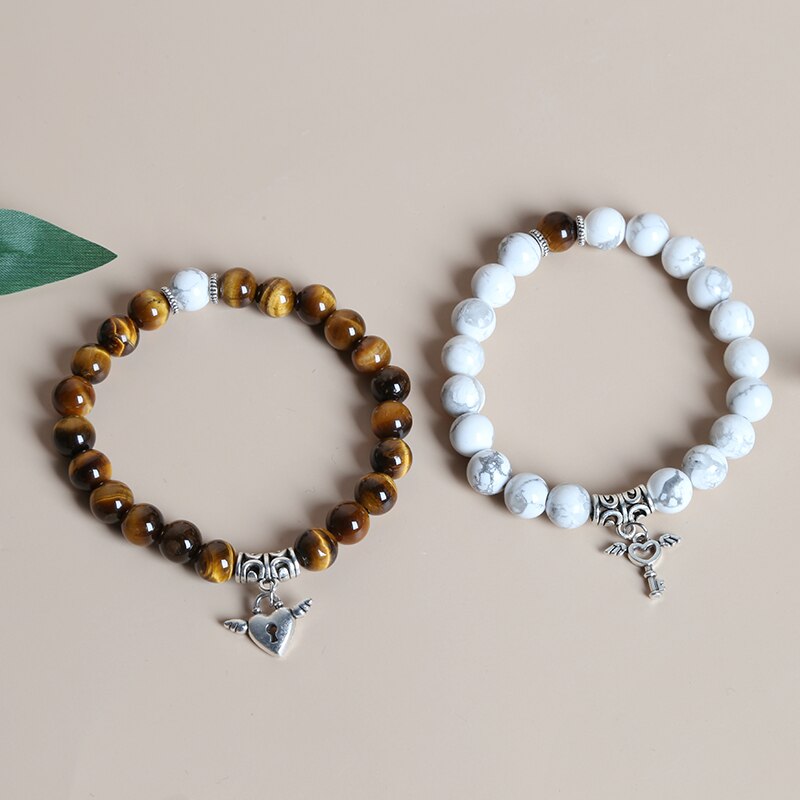 JD 2pcs/set Natural White Turquoise Yellow Tiger Eye Stone Heart Key Couple Matching Bracelets Lovers Jewelry