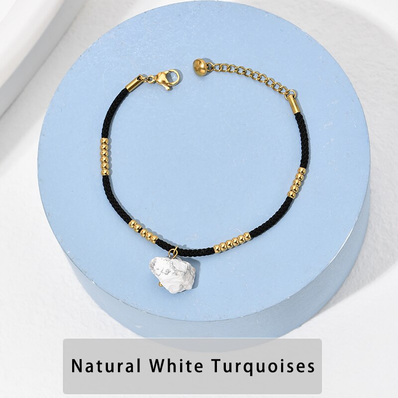 CHANGE BETTER Gold Color Stainless Steel Leather Adjustable Bracelet Women Trendy Natural Rough Crystal Charms Healing Bangles