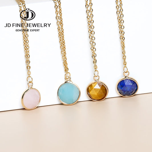 JD Natural Stone Blue Amazonite Lapis Lazuli Faceted Pendant Necklaces Women Simple Gold Color Stainless Steel Choker Jewelry