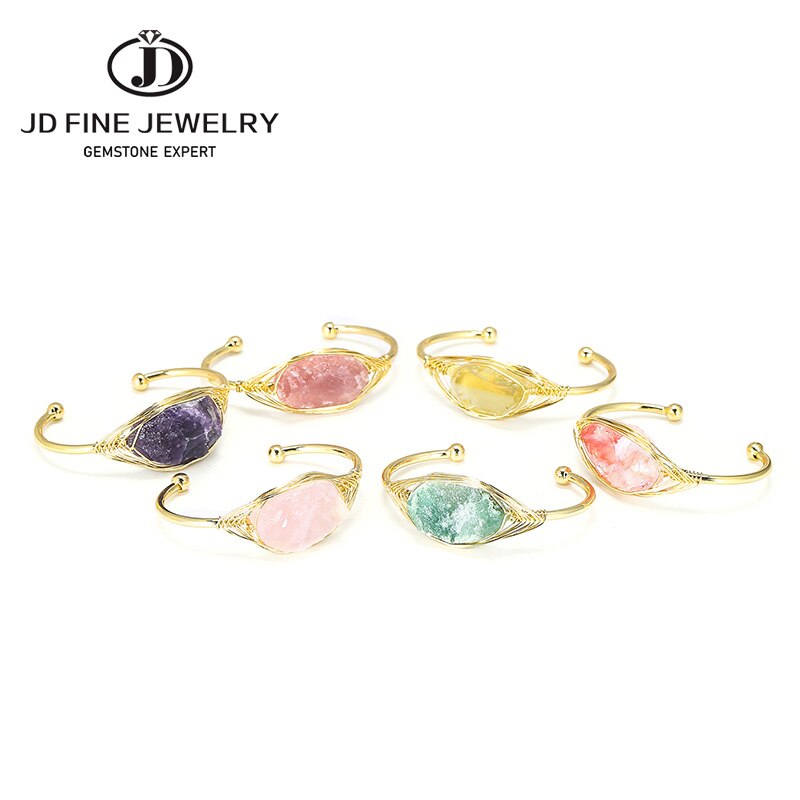 JD Natural Crystal Raw Stone Pink Quartz Fluorite Open Cuff Bracelet Women Gold Color Wire Wrap Bangles Healing Jewelry Gifts