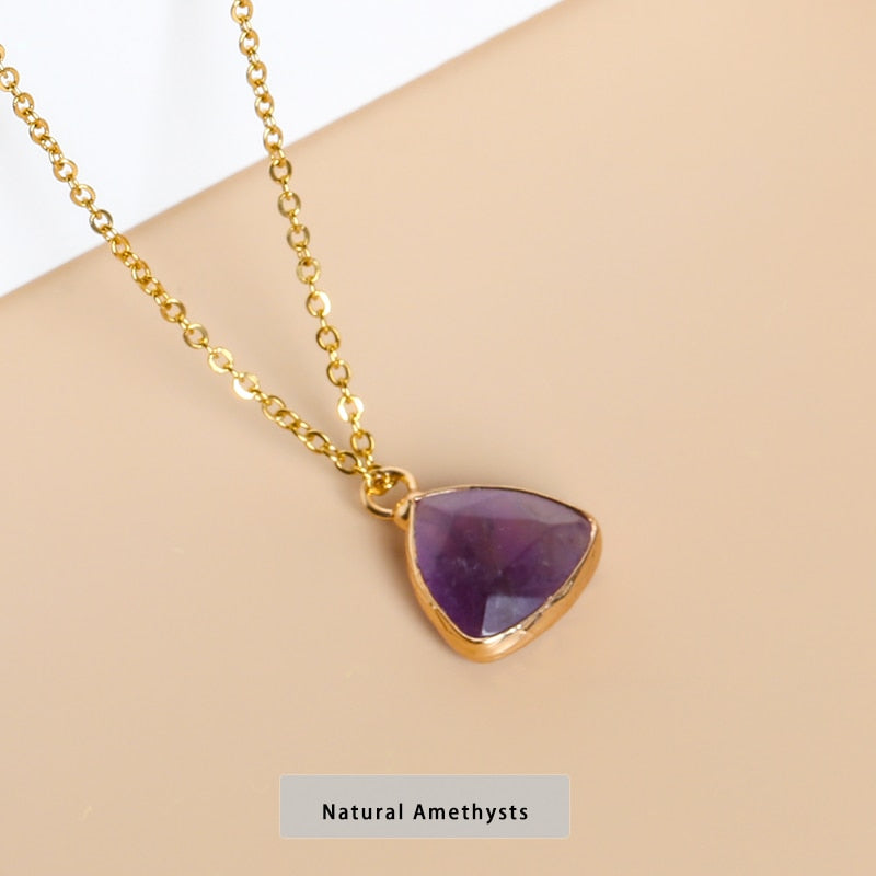 JD Natural Stone Pink Quartz Amethyst Triangle Faceted Pendant Necklace Women Simple Gold Color Stainless Steel Chain Choker