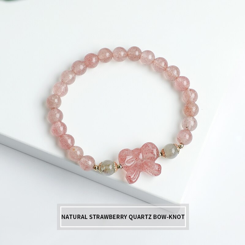 JD Romantic Natural Strawberry Quartz Gray Moonstone Tourmaline Pixiu Bracelets Women Tiny  Round Beads Lovely Strand Wristband