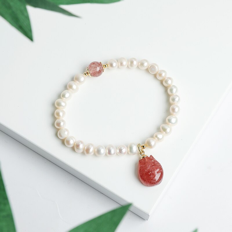 JD Pure Natural White Freshwater Pearl Bracelet Romantic Pink Strawberry Quartz Cat Pendant Bracelets Fashion Jewelry For Women