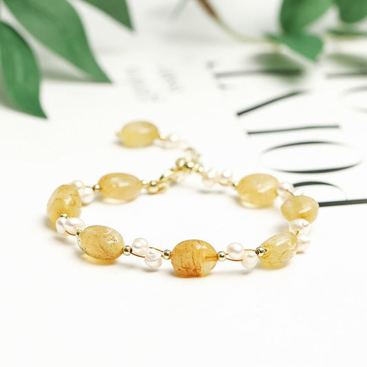 JD Natural Smooth Golden Rutilated Quartz Pearl Bead Bracelet Women Fashion Healing Crystal Adjustable Weave Chain Jewelry Gift