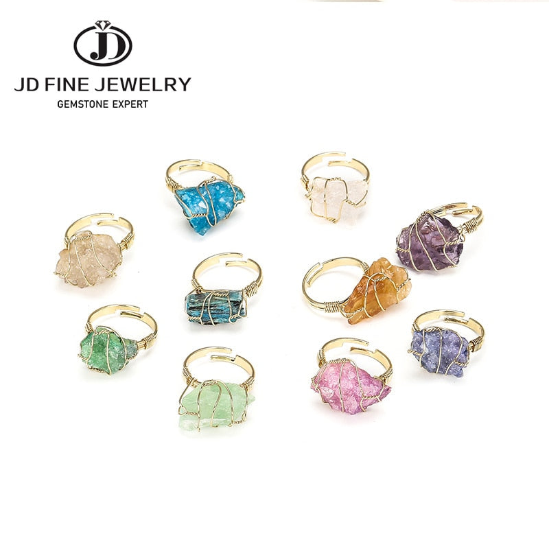 JD Natural Stone Irregular Wire Wrap Women Rings Healing Rough Stone Jewelry Fluorite Fashion Finger Ring Unique Jewelry Female