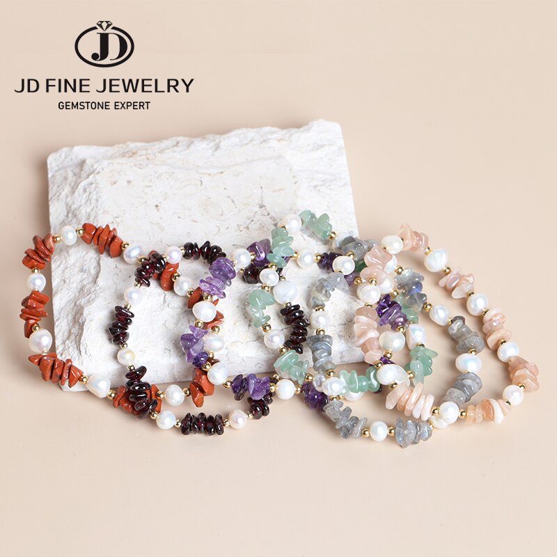 JD Natural Stone Irregular Crystal Stretch Chip Beads Bracelet Garnet Freshwater Pearl Bracelets Bangles For Lady Wholesale