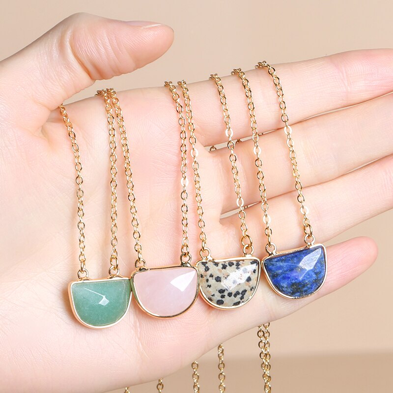 JD Geometric Lapis Lazuli Aventurine Pink Crystal Dalmatian Jasper Clavicle Chain Necklace Pendant For Women Gift 46+5cm