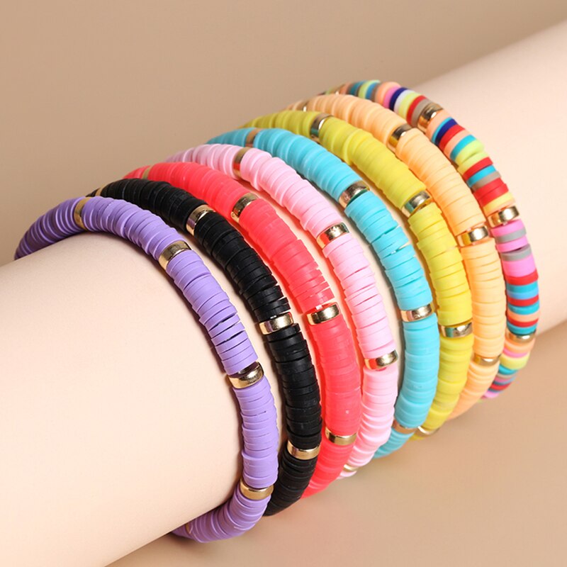 JD Full Color Polymer Clay Disc Beaded Bracelet For Women Fashion Fall Winter Jewelry High Quality Gold Color Beads Gift