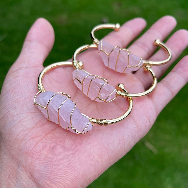 JD Natural Stone Cuff Bracelets Women Gold-color Wire Wrap Irregular Raw Crystal Quartz Bangles Fashion Stone Jewelry Gift