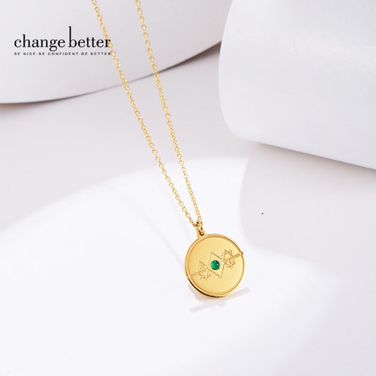 Change Better Emerald Agate Tiny Bead Inlay Round Pendant Gold Color Necklace Women Elegant Titanium Steel Chain Choker Jewelry