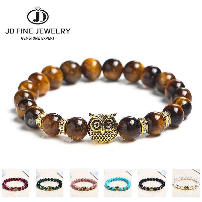 JD Natural Stone Yellow Tiger Eye Beaded Bracelet Men Women Gold Color Owl Energy Yoga Elastic Buddha Bangles Charm Jewelry Gift