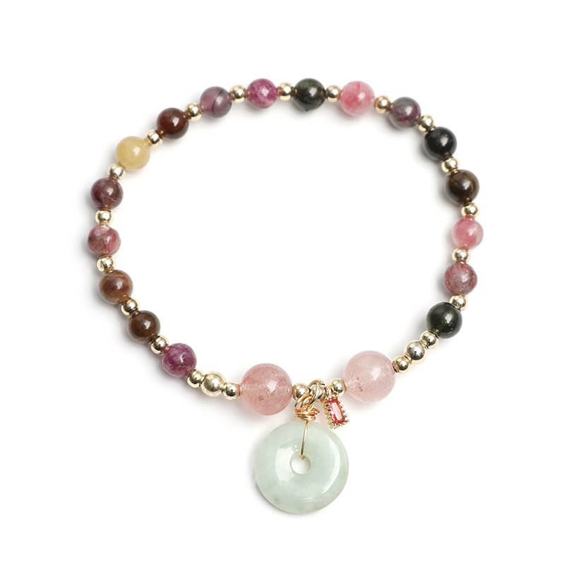 JD Natural Stone Mixed Tourmaline Bead Bracelets Women Fashion Emerald Jade Peace Button Pendant Lucky Strand Wristband Gifts