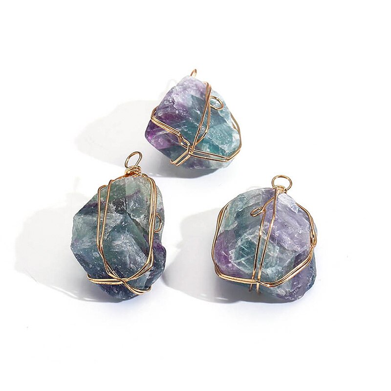 JD Handmade Wire Wrap Natural Quartz Stone Pendant Irregualr Nuggets Fluorite DIY Pendant Women Reiki Healing Stone