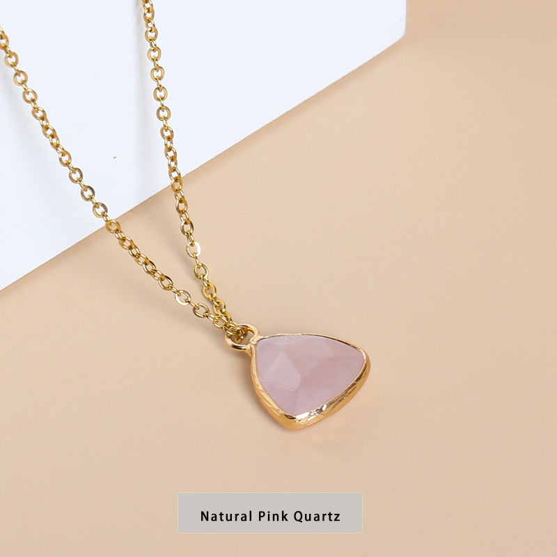 JD Natural Stone Pink Quartz Amethyst Triangle Faceted Pendant Necklace Women Simple Gold Color Stainless Steel Chain Choker