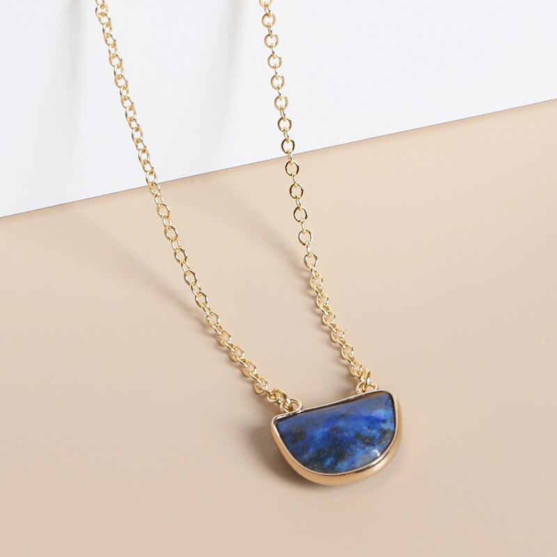 JD Geometric Lapis Lazuli Aventurine Pink Crystal Dalmatian Jasper Clavicle Chain Necklace Pendant For Women Gift 46+5cm