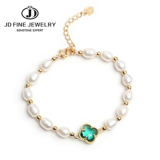 JD Real Pearl Bracelets Green Four-leaf Crystal Bracelet For Women Stylish Refined Hand Made Jewelry Adjustable Length