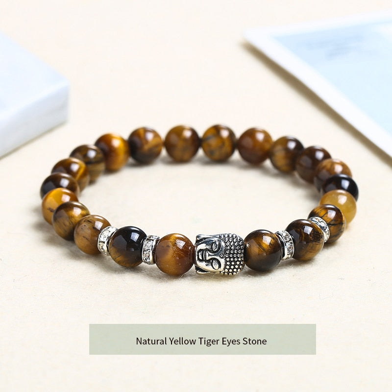 JD Buddha Head Tiger Eye Beaded Bracelet Men Women 8mm Natural Stone Chakra Yoga Prayer Bangles Vintage Elastic Charm Jewelry