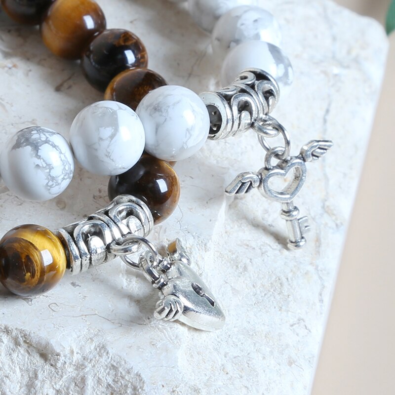 JD 2pcs/set Natural White Turquoise Yellow Tiger Eye Stone Heart Key Couple Matching Bracelets Lovers Jewelry