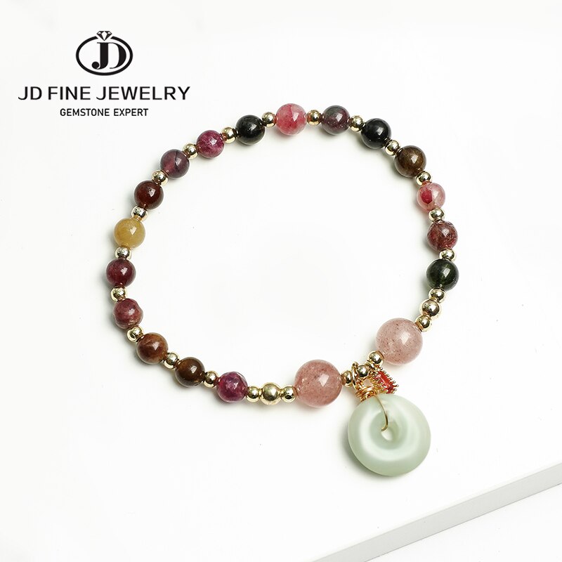 JD Natural Stone Mixed Tourmaline Bead Bracelets Women Fashion Emerald Jade Peace Button Pendant Lucky Strand Wristband Gifts