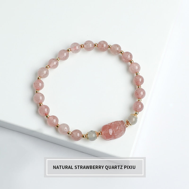 JD Romantic Natural Strawberry Quartz Gray Moonstone Tourmaline Pixiu Bracelets Women Tiny  Round Beads Lovely Strand Wristband