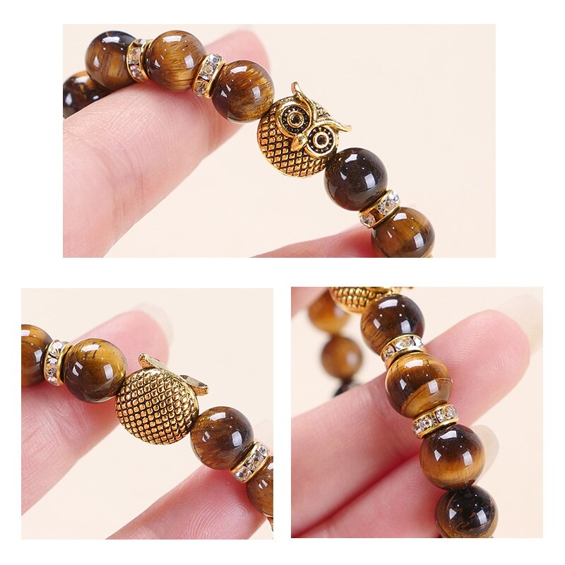 JD Natural Stone Yellow Tiger Eye Beaded Bracelet Men Women Gold Color Owl Energy Yoga Elastic Buddha Bangles Charm Jewelry Gift