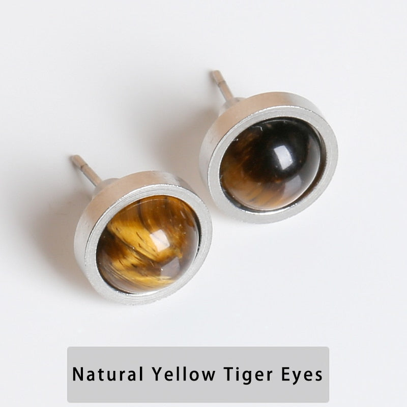 CHANGE BETTER Handmade Lovely 10mm Natural Stone Stud Earrings Stainless Steel Earrings Tiger Eyes Agate Women Jewelry OLstyle