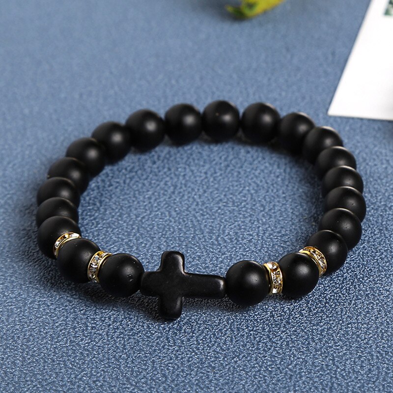 JD Trendy Jesus Cross Charm Black White Stone Men Bracelet 8mm White Beads Bracelets Bangles for Women Yoga Jewelry Wholesale