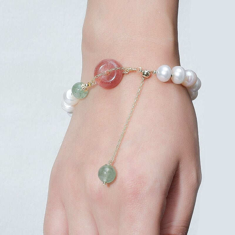 JD Natural Freshwater Pearl & Peace Buckle Beads Bracelet Strawberry Quartz Fashion Adjustable Chain Bracelet Men Women Jewelry